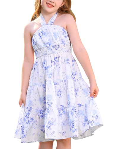 Odizli Kleider für Mädchen Kinder Sommer Neckholder Boho Hawaii Blumen Knielang A Linien Sommerkleid Festliches Einschulung Einschulungskleid Strandkleid Mädchenkleider Blau 11-12 Jahre von Odizli