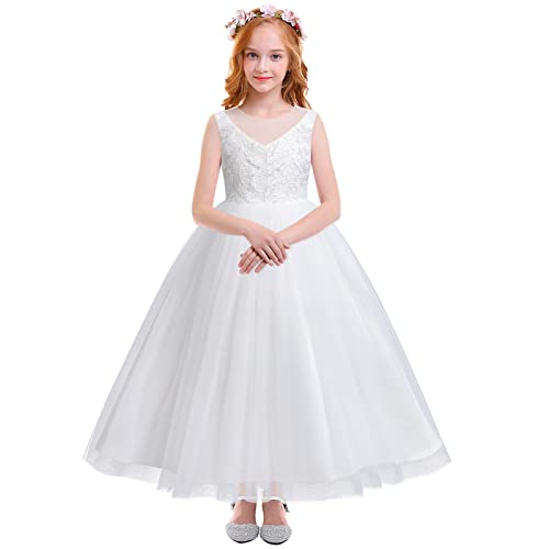 Odizli Kommunionskleid Mädchen Erstkommunion Kleid Kinder Spitze Rückenfrei A-Linie Prinzessin Tüllkleid Blumenmädchenkleider Hochzeit Festlich Geburtstag Ballkleid Lang Abendkleid Weiß 02 13-14 Jahre von Odizli