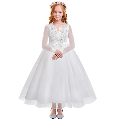 Odizli Kommunionskleid Mädchen Erstkommunion Kleid Kinder Spitze Rückenfrei A-Linie Prinzessin Tüllkleid Blumenmädchenkleider Hochzeit Festlich Geburtstag Ballkleid Lang Abendkleid Weiß 05 13-14 Jahre von Odizli