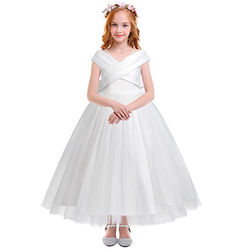 Odizli Kommunionskleid Mädchen Erstkommunion Kleid Kinder Spitze Rückenfrei A-Linie Prinzessin Tüllkleid Blumenmädchenkleider Hochzeit Festlich Geburtstag Ballkleid Lang Abendkleid Weiß 06 3-4 Jahre von Odizli