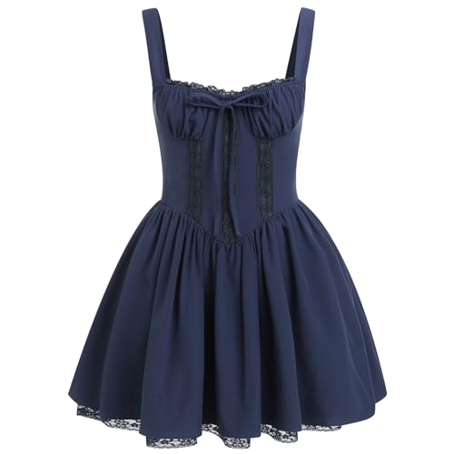 Odizli Korsett Kleid Damen Sommer Elegant Sexy Ärmellos Spaghettiträger Boho Blumenkleid Spitze Sommerkleid Minikleid Hochzeitsgäste Teenager Mädchen Kurz Y2K Cottagecore Corset Dress Dunkelblau S von Odizli