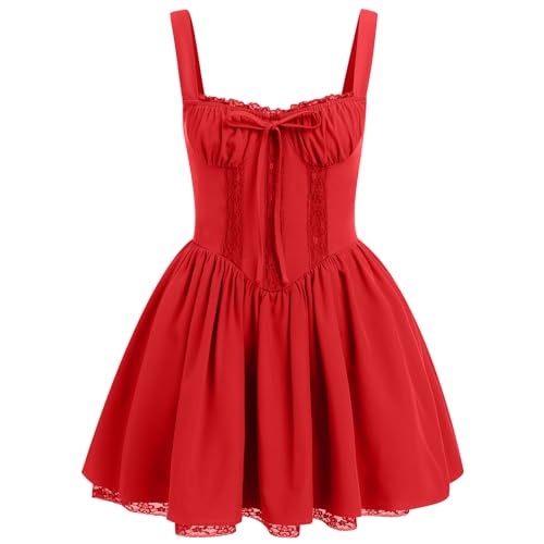 Odizli Korsett Kleid Damen Sommer Elegant Sexy Ärmellos Spaghettiträger Boho Blumenkleid Spitze Sommerkleid Minikleid Hochzeitsgäste Teenager Mädchen Kurz Y2K Cottagecore Corset Dress Rot S von Odizli