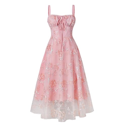 Odizli Korsett Kleid Damen Sommer Elegant Spaghettiträger Stickerei Tüllkleid Midikleid mit Schlitz Sommerkleid Milkmaid Dress Sundress Festlich Hochzeitsgäste Hochzeit Lang Abendkleid Rosa S von Odizli