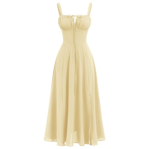 Odizli Korsett Kleid Damen Sommer Sexy Ärmellos Spaghettiträger Midi Kleid mit Schlitz Lang Sommerkleid Festlich Hochzeitsgäste Hochzeit Ballkleid Lang Abendkleid Abschlusskleid Hellgelb L von Odizli