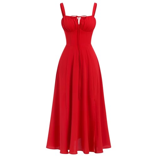 Odizli Korsett Kleid Damen Sommer Sexy Ärmellos Spaghettiträger Trägerkleid Midi Kleid mit Schlitz Lang Sommerkleid Festlich Hochzeitsgäste Hochzeit Ballkleid Lang Abendkleid Abschlusskleid Rot XL von Odizli