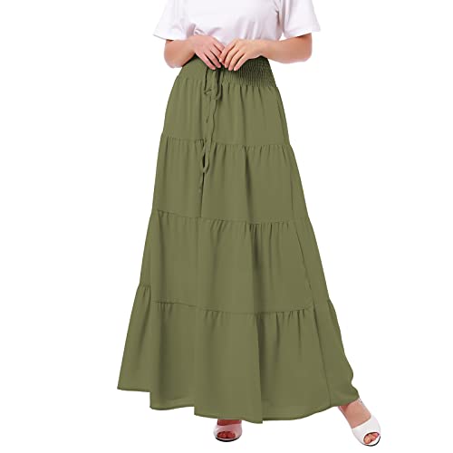 Odizli Langer Rock Damen Sommer Boho High Waist Elastische Elegant Tiered A Linie Casual Röcke Lang Maxi Sommerrock Festival Maxirock Strandrock Plisseerock Faltenrock Freizeitrock Grün M von Odizli