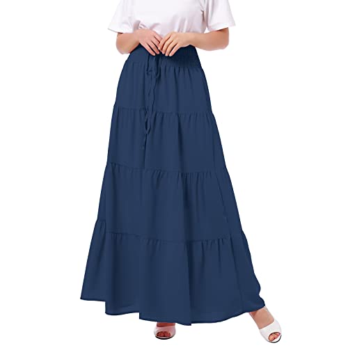 Odizli Langer Rock Damen Sommer Boho High Waist Elastische Elegant Tiered A Linie Casual Röcke Lang Maxi Sommerrock Festival Maxirock Strandrock Plisseerock Faltenrock Freizeitrock Marineblau L von Odizli