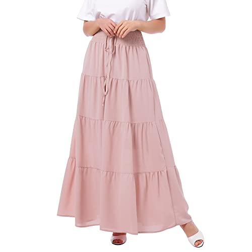 Odizli Langer Rock Damen Sommer Boho High Waist Elastische Elegant Tiered A Linie Casual Röcke Lang Maxi Sommerrock Festival Maxirock Strandrock Plisseerock Faltenrock Freizeitrock Pink S von Odizli