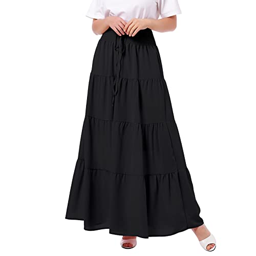 Odizli Langer Rock Damen Sommer Boho High Waist Elastische Elegant Tiered A Linie Casual Röcke Lang Maxi Sommerrock Festival Maxirock Strandrock Plisseerock Faltenrock Freizeitrock Schwarz L von Odizli