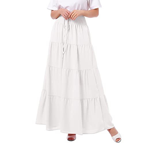 Odizli Langer Rock Damen Sommer Boho High Waist Elastische Elegant Tiered A Linie Casual Röcke Lang Maxi Sommerrock Festival Maxirock Strandrock Plisseerock Faltenrock Freizeitrock Weiß L von Odizli