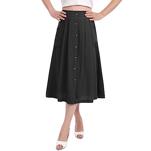 Odizli Langer Rock Damen Sommer Elegant Elastische High Waist Knopf Baumwolle Midi A Linie Casual Röcke Lang Sommerrock Festival Strandrock Plisseerock Faltenrock Freizeitrock mit Tasche Schwarz L von Odizli