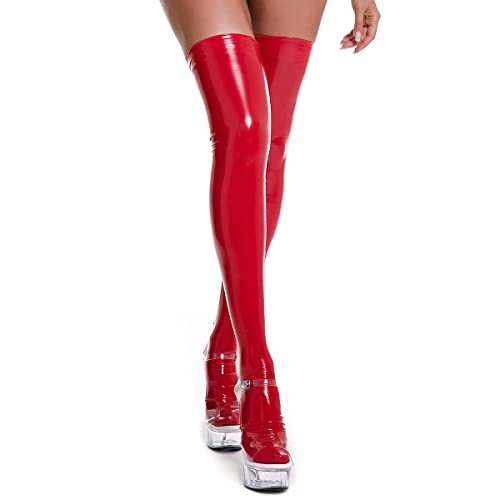 Odizli Latex Strümpfe Lang Damen Lack und Leder Sexy Wetlook Halterlose Overknees Strümpfe Rot Socken XL von Odizli