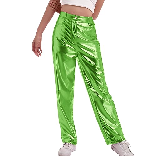 Odizli Lederhose Damen Metallic Glitzer Hose Hip Hop Hologramm High Waist Cargohose mit Taschen 80er 90er Jahre Rave Festival Outfit Streetwear Clubwear Halloween Karneval Faschingskostüme Grün M von Odizli