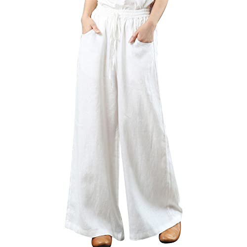 Odizli Leinenhose Damen Elegant High Waist Culottes Palazzo Hosenrock Lang Weite Hose Sommerhose Leicht Bequeme Sommer Stoffhose Marlenehose Schlupfhose Freizeithose Weiß Lang XXL von Odizli