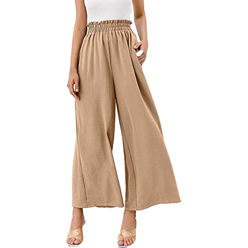 Odizli Leinenhose Damen Elegant High Waist Culottes Palazzo Hosenrock Lang Weite Wide Leg Hose Sommerhose Leicht Bequeme Sommer Stoffhose Marlenehose Schlupfhose Freizeithose Strandhose Khaki 3XL von Odizli