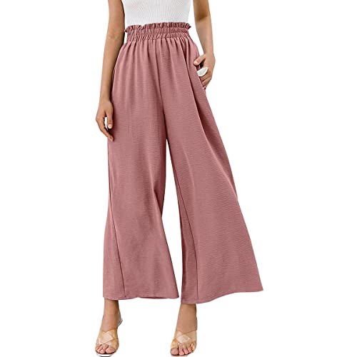 Odizli Leinenhose Damen Elegant High Waist Culottes Palazzo Hosenrock Lang Weite Wide Leg Hose Sommerhose Leicht Bequeme Sommer Stoffhose Marlenehose Schlupfhose Freizeithose Strandhose Rosa 3XL von Odizli