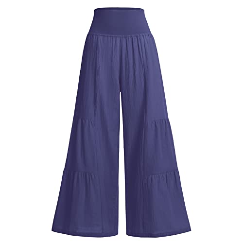 Odizli Leinenhose Damen Lang Hosenrock Stretch High Waist Palazzo Weite Hose Schlaghose Culotte Baggy Strandhose Leicht Sommerhose Locker Flare Marlenehose Haremshose Freizeithose Dunkelblau L von Odizli