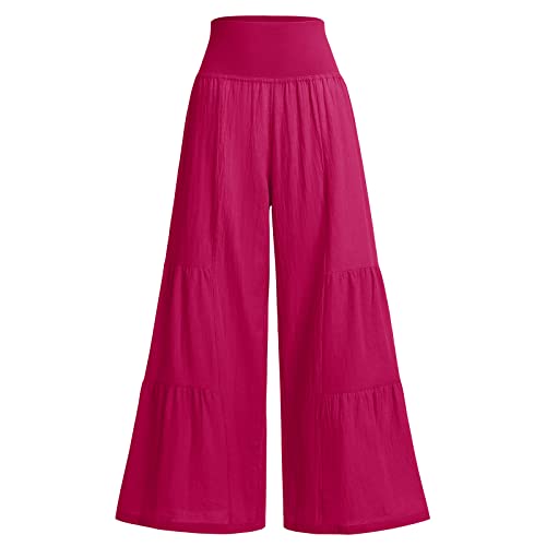 Odizli Leinenhose Damen Lang Hosenrock Stretch High Waist Palazzo Weite Hose Schlaghose Culotte Baggy Strandhose Leicht Sommerhose Locker Flare Marlenehose Haremshose Freizeithose Rosarot S von Odizli