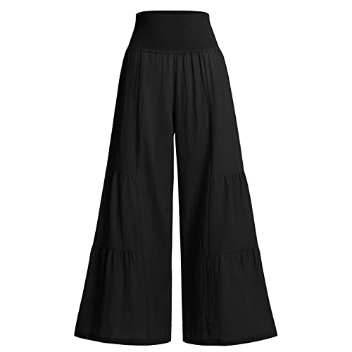 Odizli Leinenhose Damen Lang Hosenrock Stretch High Waist Palazzo Weite Hose Schlaghose Culotte Baggy Strandhose Leicht Sommerhose Locker Flare Marlenehose Haremshose Freizeithose Schwarz M von Odizli