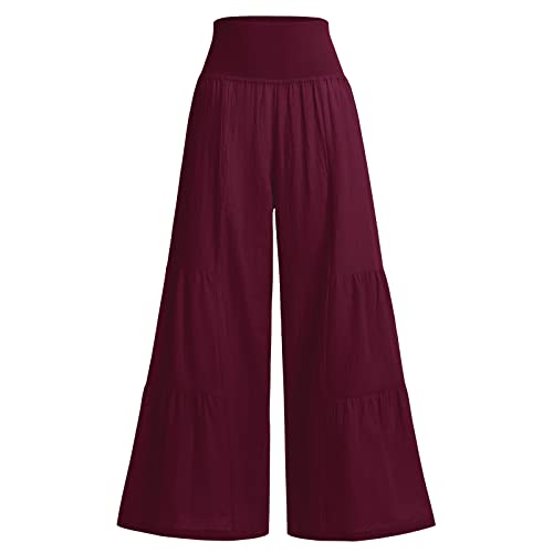 Odizli Leinenhose Damen Lang Hosenrock Stretch High Waist Palazzo Weite Hose Schlaghose Culotte Baggy Strandhose Leicht Sommerhose Locker Flare Marlenehose Haremshose Freizeithose Weinrot L von Odizli