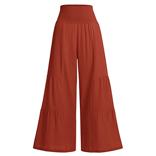 Odizli Leinenhose Damen Lang Hosenrock Stretch High Waist Palazzo Weite Hose Schlaghose Culotte Baggy Strandhose Leicht Sommerhose Locker Flare Marlenehose Haremshose Freizeithose Ziegelrot L von Odizli