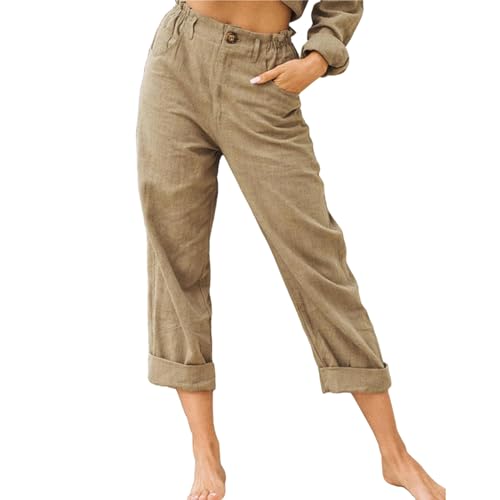 Odizli Leinenhose Damen Sommer Elegant Elastisch High Waist Straight Leg 7/8 Schlupfhose Baumwolle Leinen Lang Hose Leicht Bequeme Stoffhose Sommerhose Strandhose Freizeithose mit Taschen Khaki 3XL von Odizli