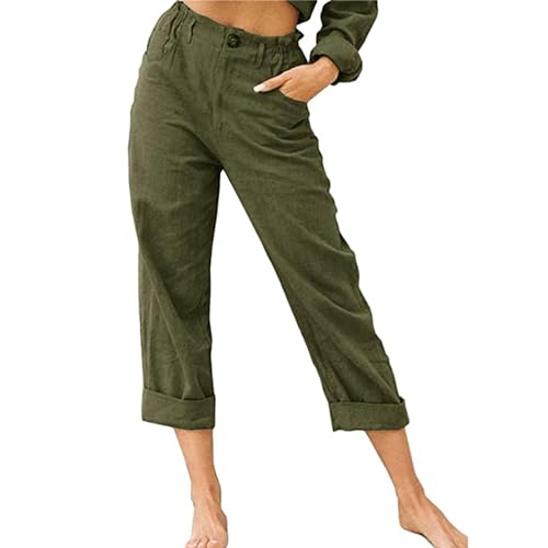 Odizli Leinenhose Damen Sommer Elegant Elastisch High Waist Straight Leg 7/8 Schlupfhose Baumwolle Leinen Lang Hose Leicht Bequeme Stoffhose Sommerhose Strandhose Freizeithose mit Taschen Olivgrün XXL von Odizli