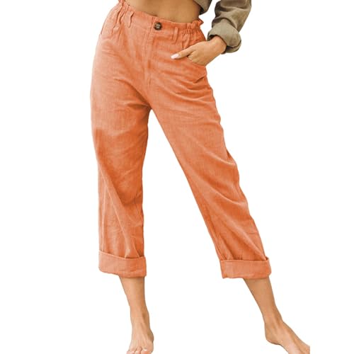 Odizli Leinenhose Damen Sommer Elegant Elastisch High Waist Straight Leg 7/8 Schlupfhose Baumwolle Leinen Lang Hose Leicht Bequeme Stoffhose Sommerhose Strandhose Freizeithose mit Taschen Orange M von Odizli