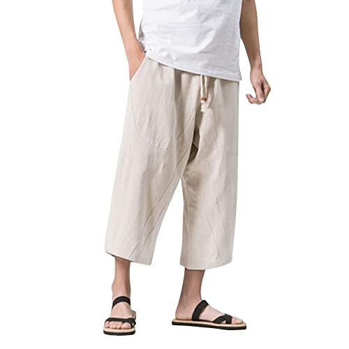 Odizli Leinenhose Herren 3/4 Hose Sommer Kordelzug Baumwolle Leinen Leichte Haremshose Yoga Urlaub Strand Freizeithose Sommerhose Stoffhose Schlupfhose Strandhose mit Taschen Beige 5XL von Odizli