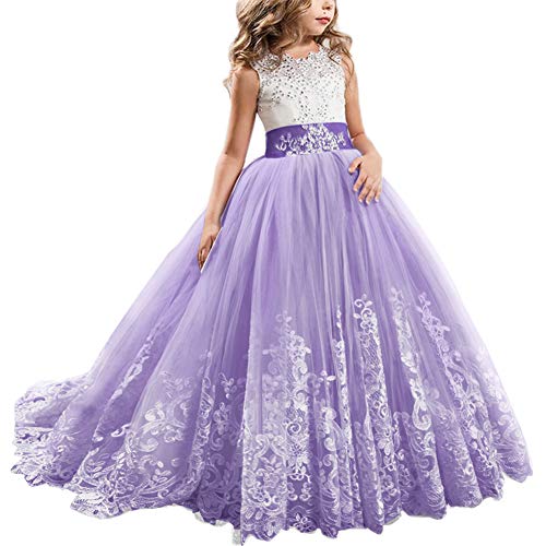 Odizli Mädchen Spitze Bestickte Tüll Prinzessin Lang Schwanz Kleider Blumenmädchen Kinder Hochzeit Brautjungfer Prom Ballkleid Formale Partei Kleider Karneval Festzug Cocktailkleid Lila 6-7 Jahre von Odizli