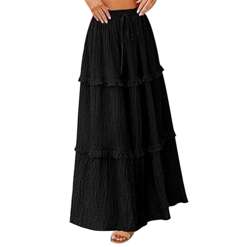 Odizli Maxirock Damen Lang Sommer Boho High Waist Elastische Sommerrock Elegant Rüsche A Linie Casual Langer Maxi Röcke Festival Strandrock Hosenrock Plisseerock Faltenrock Freizeitrock Schwarz M von Odizli