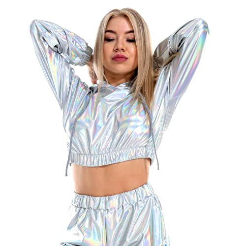 Odizli Metallic Oberteil Damen Glitzer Wetlook 80er 90er Jahre Kleidung Party Disco Festival Rave Outfit Hologramm Hip Hop Langarm Sweatshirt Hoodie Kurze Sweater mit Kapuze Clubwear Laser Silber M von Odizli