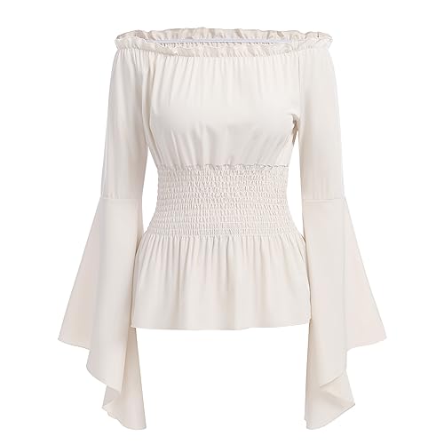 Odizli Mittelalter Kleidung Damen Gothic Steampunk Korsett Oberteil Schulterfrei Bluse Langarm Off Shoulder Top Viktorianisches Renaissance Wikinger Kostüm Halloween Karneval Faschingskostüme Weiß XL von Odizli
