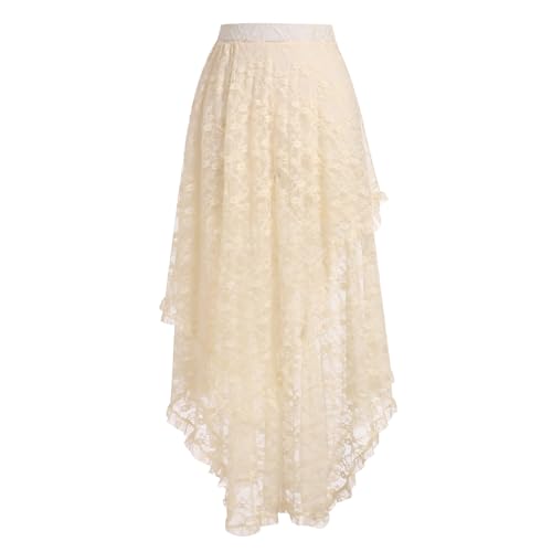 Odizli Mittelalter Rock Damen Gothic Steampunk High Waist Viktorianisches Renaissance Lang Transparent Blume Spitze Maxirock Wikinger Piratenkostüm Halloween Karneval Faschingskostüme Beige L von Odizli