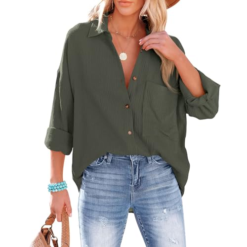 Odizli Musselin Bluse Damen Sommer Baumwolle Leinenhemd Elegant Langarm V-Ausschnitt Oversize Hemd Oberteile Longbluse Schlupfbluse Hemdbluse Hemdjacke Damenbluse Langarmshirt mit Tasche Grün S von Odizli