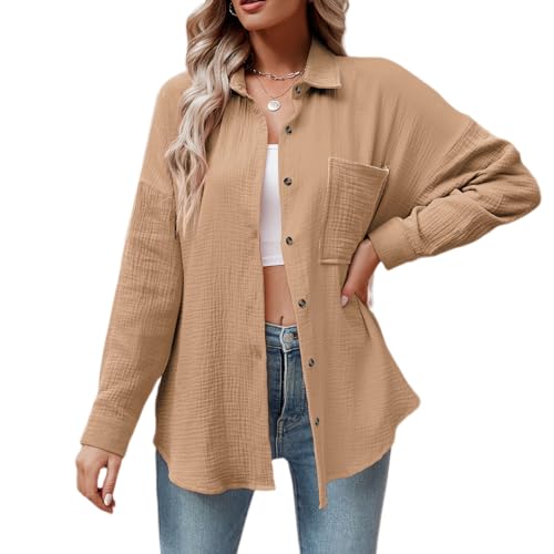 Odizli Musselin Bluse Damen Sommer Baumwolle Leinenhemd Elegant Langarm V-Ausschnitt Oversize Hemd Oberteile Longbluse Schlupfbluse Hemdbluse Hemdjacke Damenbluse Langarmshirt mit Tasche Khaki L von Odizli