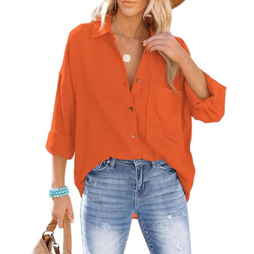 Odizli Musselin Bluse Damen Sommer Baumwolle Leinenhemd Elegant Langarm V-Ausschnitt Oversize Hemd Oberteile Longbluse Schlupfbluse Hemdbluse Hemdjacke Damenbluse Langarmshirt mit Tasche Orange S von Odizli