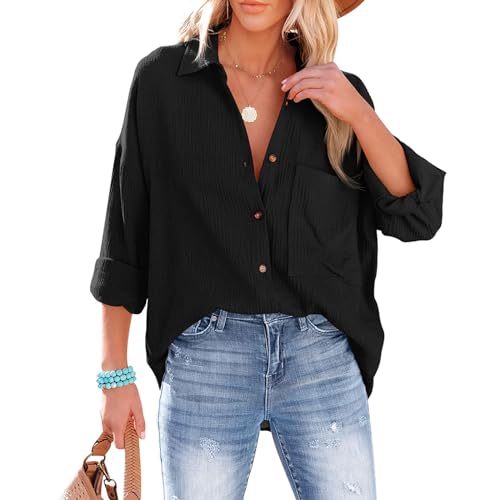 Odizli Musselin Bluse Damen Sommer Baumwolle Leinenhemd Elegant Langarm V-Ausschnitt Oversize Hemd Oberteile Longbluse Schlupfbluse Hemdbluse Hemdjacke Damenbluse Langarmshirt mit Tasche Schwarz XXL von Odizli