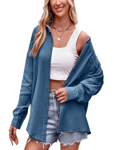 Odizli Musselin Bluse Damen Sommer Baumwolle Leinenbluse Elegant Langarm V-Ausschnitt Oversize Hemd Oberteile Longbluse Schlupfbluse Hemdbluse Hemdjacke Damenbluse Langarmshirt mit Tasche Blau L von Odizli