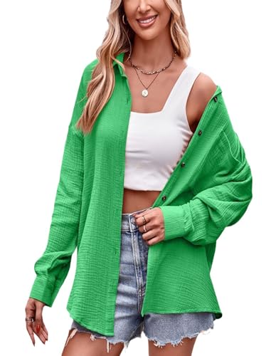 Odizli Musselin Bluse Damen Sommer Baumwolle Leinenbluse Elegant Langarm V-Ausschnitt Oversize Hemd Oberteile Longbluse Schlupfbluse Hemdbluse Hemdjacke Damenbluse Langarmshirt mit Tasche Grasgrün XL von Odizli