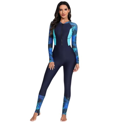 Odizli Neoprenanzug Damen Badeanzug mit Bein Cups Schwimmanzug Burkini Muslim Muslimische Frauen Langarm Reißverschluss Lang Rashguard Bademode Surfanzug Sun Permeable Swimsuit Dunkelblau XL von Odizli