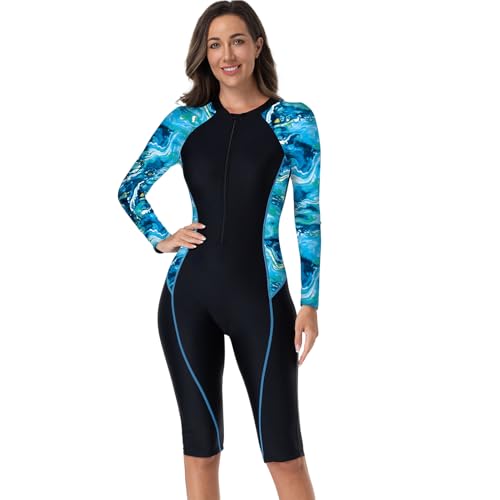 Odizli Neoprenanzug Damen Kurz Langarm Reissverschluss Muslim Burkini Sport Bauchweg Badeanzug mit Bein Schwimmanzug Frauen Badeanzüge mit Cups Bademode Surfanzug Große Größe Himmelblau Tie Dye XXL von Odizli