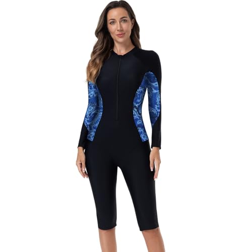 Odizli Neoprenanzug Damen Kurz Langarm Reissverschluss Muslim Burkini Sport Bauchweg Badeanzug mit Bein Schwimmanzug Frauen Badeanzüge mit Cups Bademode Surfanzug Große Größe Schwarz Blau S von Odizli