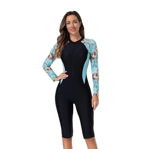 Odizli Neoprenanzug Damen Kurz Langarm Reissverschluss Muslim Burkini Sport Bauchweg Badeanzug mit Bein Schwimmanzug Frauen Badeanzüge mit Cups Bademode Surfanzug Große Größe Schwarz Hellblau XXL von Odizli