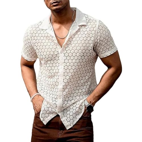 Odizli Netzhemd Herren Netzoberteil Netzshirt M�nner Sommer Kurzarm Sexy Durchsichtiges Transparent Mesh Blume Spitze Hemd Freizeithemd Clubwear Kinkywear Festival Rave Techno Outfit Wei� L von Odizli