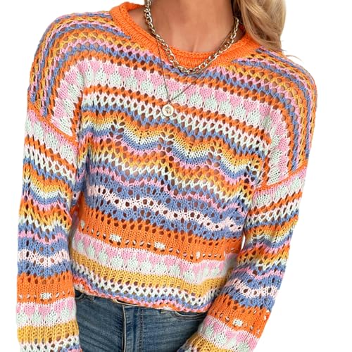Odizli Netzoberteil Damen 2000er Y2K Kleidung Langarm Boho Bunte Strickpullover Netzshirt Crochet Top Häkeltop Pullover Oberteil Teenager Mädchen Herbst Streetwear Festival Techno Outfit Orange S von Odizli