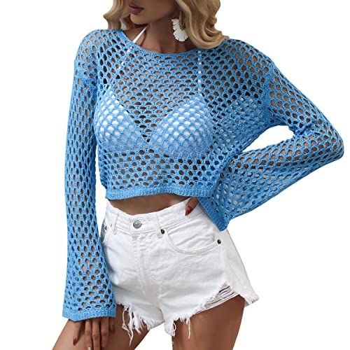 Odizli Netzoberteil Damen Netzshirt 2000er Y2K Kleidung Vintage Sexy Mesh Häkeltop Langarm Crochet Top Crop Tops Pullover Teenager Mädchen Sommer Streetwear Festival Rave Techno Outfit Blau XL von Odizli