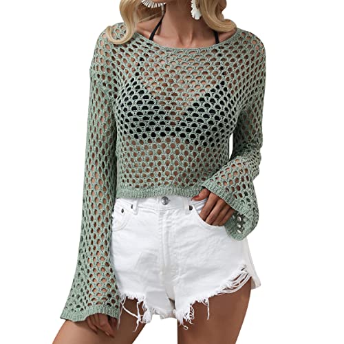 Odizli Netzoberteil Damen Netzshirt 2000er Y2K Kleidung Vintage Sexy Mesh Häkeltop Langarm Crochet Top Crop Tops Pullover Teenager Mädchen Sommer Streetwear Festival Rave Techno Outfit Grün L von Odizli