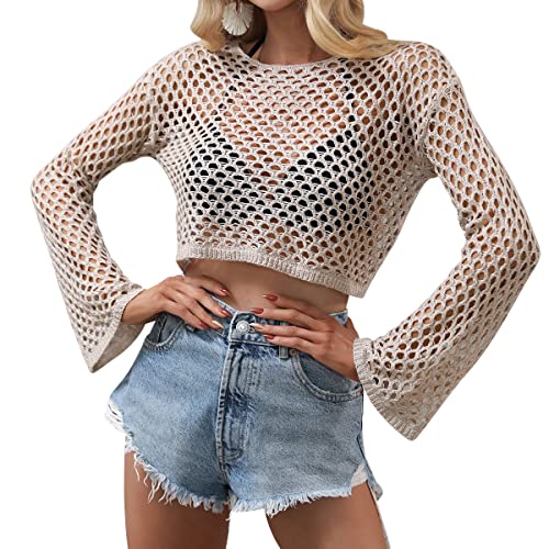 Odizli Netzoberteil Damen Netzshirt 2000er Y2K Kleidung Vintage Sexy Mesh Häkeltop Langarm Crochet Top Crop Tops Pullover Teenager Mädchen Sommer Streetwear Festival Rave Techno Outfit Khaki L von Odizli