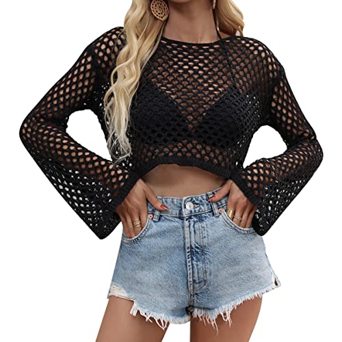 Odizli Netzoberteil Damen Netzshirt 2000er Y2K Kleidung Vintage Sexy Mesh Häkeltop Langarm Crochet Top Crop Tops Pullover Teenager Mädchen Sommer Streetwear Festival Rave Techno Outfit Schwarz XL von Odizli